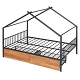 ZUN Full Size Metal House Bed with Two Drawers, Black MF323484AAB