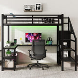 Metal Full Loft Bed with Wardrobe and LED Light, Full Size Loft Bed with L Shaped Desk and USB for 32514855