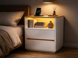 High Gloss White & Oak Two-Tone Nightstand, RGB Light, US Power Outlet, 2 37462022