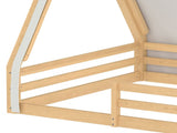 Full Size House Floor Bed with Tent and Light, Solid Wood Teepee Floor Bed with Full-length W1580P369468