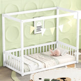 Twin Size Canopy Frame Floor Bed with Fence, Guardrails,White W504P143278