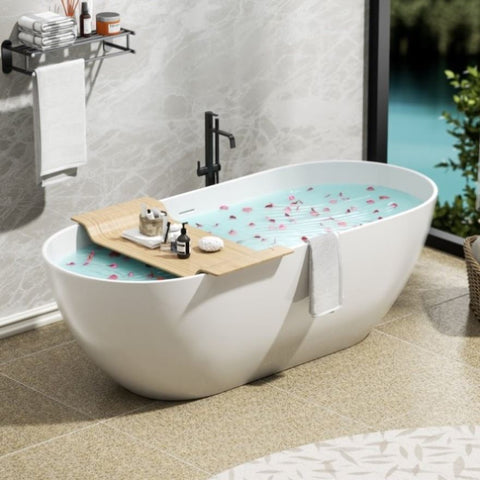 ZUN Luxury Handcrafted Stone Resin Freestanding Soaking Bathtub with Overflow in Matte White, cUPC W1573P178583
