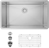 ZUN 30" L X 18" W Undermount Single Bowl 16 Gauge 304 Stainless Steel Kitchen Sink With Sink Grid W1225P250630