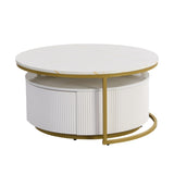 Modern Round Nesting Coffee Table Fluted with Drawer in White & Gold in 27.6" N735P254992K