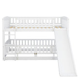 ZUN Bunk Bed with Slide,Twin Over Twin Low Bunk Bed with Fence and Ladder for Toddler Kids Teens White 50818946