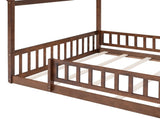 Full Size Wood Bed House Bed Frame with Fence, for Kids, Teens, Girls, Boys,Walnut WF302177AAL