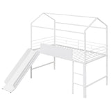 Metal House Bed With Slide, Twin Size Metal Loft Bed with Two-sided writable Wooden Board MF294384AAK