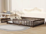 Full Size Floor Bed with Fence and Door,Rubber Wood Floor Bed with Safety Guardrails,Espresso W504P429302