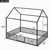 Full Size Metal House Bed with Fence and Door, Black MF315933AAB