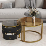 ZUN ON-TREND Φ27.5'' & Φ19.6'' Stackable Coffee Table with 2 Drawers, Nesting Tables with Brown Tempered WF320536AAB