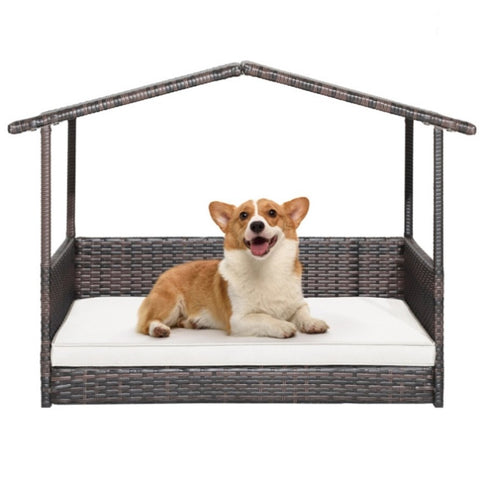 ZUN Dog House Outdoor with Canopy, Rattan Dog Bed with Water-resistant Cushion, 90952212