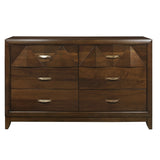 ZUN Modern Bedroom Walnut Finish 1pc Dresser of 6 Drawers Decorative Angled Front Satin Brass Tone B011P216648