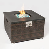 ZUN Outdoor Gas Fire Pit Square Dark Brown Wicker Fire Pit Table Propane Fire Table with Glass Rocks W85335462