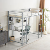 ZUN Twin Size Metal Loft Bed with Desk and Storage Shelves, 2 Built-in Ladders & Guardrails, Loft Bed 37145226