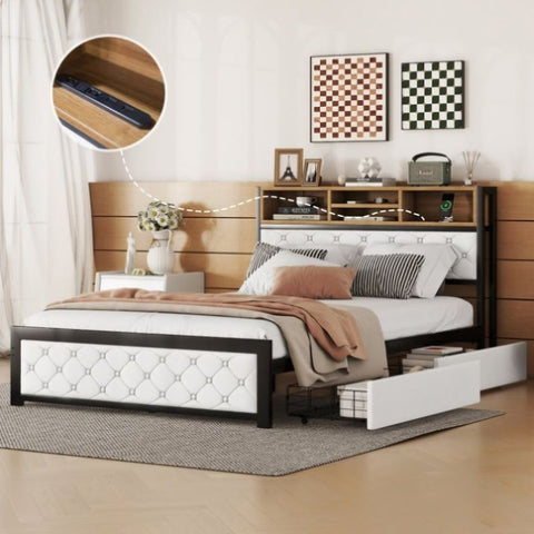 ZUN Metal Full Size Platform Bed With 4 Drawers, Upholstered Headboard and Footboard, Sockets and USB WF321762AAK
