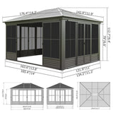 12x14FT Outdoor Sunroom, Galvanized Steel Hardtop Enclose Gazebo Sloping Roof, All Weather Aluminum W1859P300399