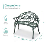 ZUN Outdoor Cast Aluminum Patio Bench, Porch Bench Chair with Curved Legs Rose Pattern, Antique Green 56157164