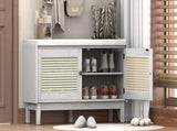 TREXM Boho Rattan Entryway Bench with Storage, Cushioned Shoe Bench with Double Doors, Wooden Shoe N715P308012E