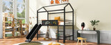 Metal House Bed With Slide, Twin Size Metal Loft Bed with Two-sided writable Wooden Board MF294384AAB