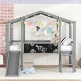 ZUN Twin Size Loft Bed with Ladder and Slide, House Bed with Blackboard and Light Strip on the Roof, WF307450AAE