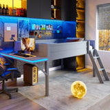 Wood Full Size Gaming Loft Bed with Desk and LED, Grey 86125972