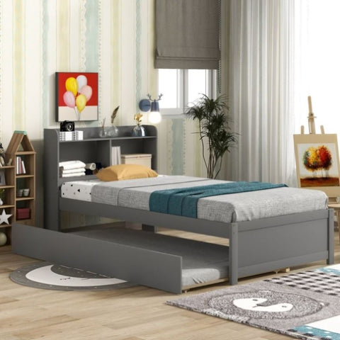 ZUN Twin Bed with Trundle,Bookcase,Grey 72214628