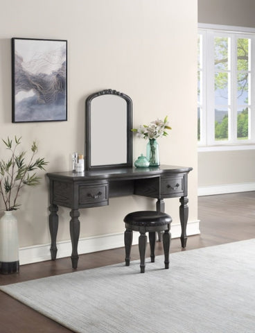 ZUN Bedroom Classic Vanity Set Wooden Carved Mirror Stool Drawers Antique Grey Finish HS00F4005-ID-AHD