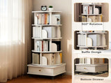 5 Tier Rotating Bookshelf, 360&deg Display Round Spinning Bookshelf with Wheels and Drawer, 05327694