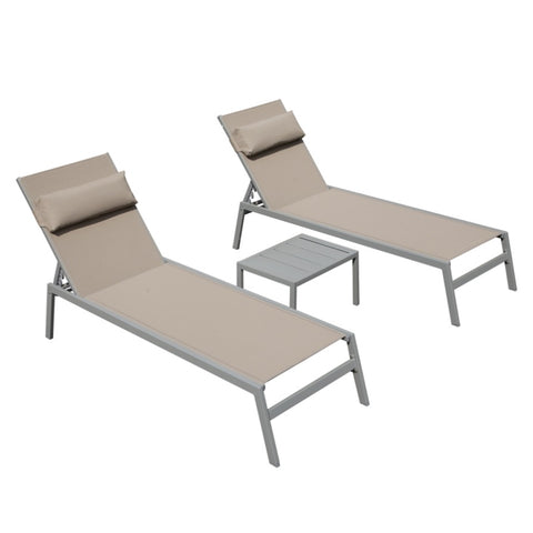 ZUN Patio Chaise Lounge Set of 3, Aluminum Pool Lounge Chairs with Side Table, Outdoor Adjustable W1859P172239