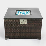 ZUN Outdoor Gas Fire Pit Square Dark Brown Wicker Fire Pit Table Propane Fire Table with Glass Rocks W85335462