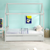Solid Wood Twin House Bed Frame with Twin Size Trundle For White Color, No Box Spring Needed W69740991