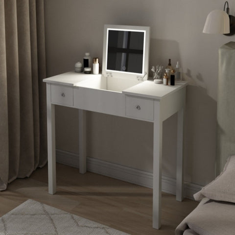 ZUN Chic White Vanity Table with LED Lights, Flip-Top Mirror and 2 Drawers, Jewelry Storage for Women W760P152316
