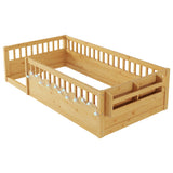 Twin Montessori Floor Bed Frame with High Rails, Wood Kids Floor Beds with Light and Storage Shelf, W2593P333571