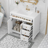 36" Bathroom Vanity with Sink, White Vanity Cabinet with Flip-Out Drawer, 3 Drawers, 2 Soft-Close N725P283623K