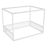Full Size Canopy Frame Floor Bed with Fence, Guardrails,White W504P143282