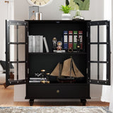 Minimalist Black Buffet Cabinet with Double Glass Doors and Drawer, Modern Wooden Storage Sideboard W2557P307942