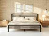 Queen Size Metal Wood Platform Bed Frame, 3-Panel Wash Grey Wood Grain Headboard with LED Light & 15630263