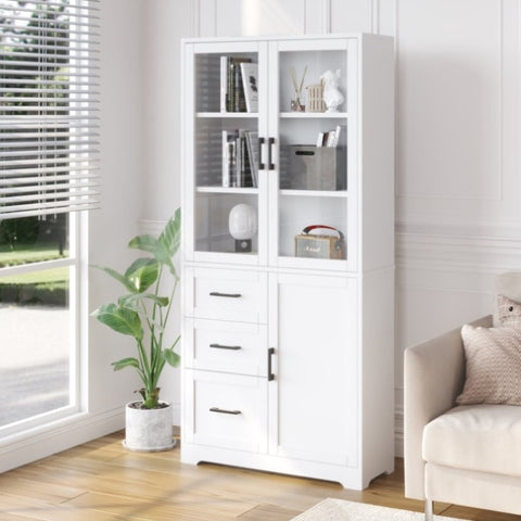 ZUN FCH 3 doors 3 drawers 5 layers Triamine board veneer 78*38.5*170cm display cabinet white N001 52480970