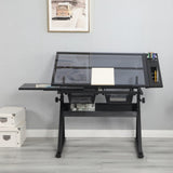 black adjustable tempered glass drafting printing table with chair W34737210