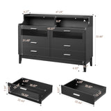 ZUN Black Wood Tempered Glass Drawer Dresser with LED Light Strips & Charging Station & USB Ports Bed 50029284