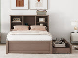 Modern Twin Size Bed Frame With Built-in USB Port on Bookcase Headboard and 2 Drawers for Walnut 68014174