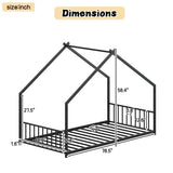 Twin size children's bed frame with LED light strips, roof-shaped iron frame bed, black,78.5" L x 49013984