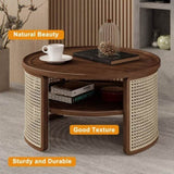 ZUN 2-Tiered Round Walnut Wood Coffee Table with Storage Rattan Base in 31.3'' N735P185131D