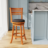 30" Bar Height Slat Back Swivel Stool, Natural Finish, Charcoal Fabric Seat B04660695