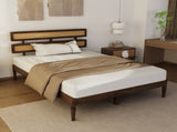 Dark walnut wood painted finish rattan and pine wood double headboard full size wooden bed, 43829429