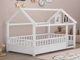 Twin Size Floor Wooden Bed with House Roof Frame, Fence Guardrails,White W1858123984