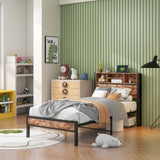 Twin Size Bed Frame with Storage Headboard, Metal Platform Bed with Charging Station, Bookcase W840P192226