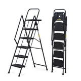 5-step ladder, foldable step stool with tool tray and wide non slip pedals, sturdy steel ladder, W2717P257603