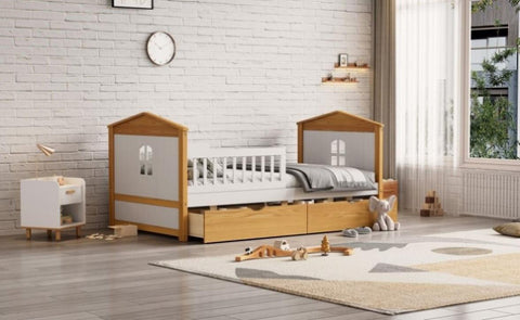 ZUN Twin Size House Shape Bed with Two Drawers Wooden Bed for Girls Boys Teens, No Box Spring Needed, WF531188AAK