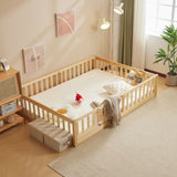 Fence bed with door and decking, natural wood color, painted surface, pine wood, full children's bed 65750352
